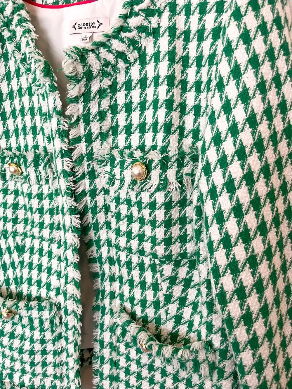 Nanette Lepore Green White Houndstooth Tweed Jacket Size 8 EUC — Chanel Style